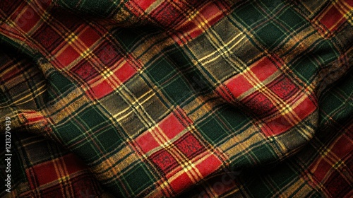 Red, green, gold plaid fabric texture background
