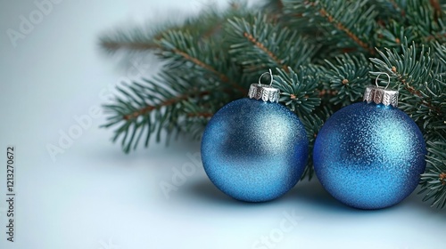 Blue Christmas Ornaments with Pine Branch Minimalist Design with Space for Text photo