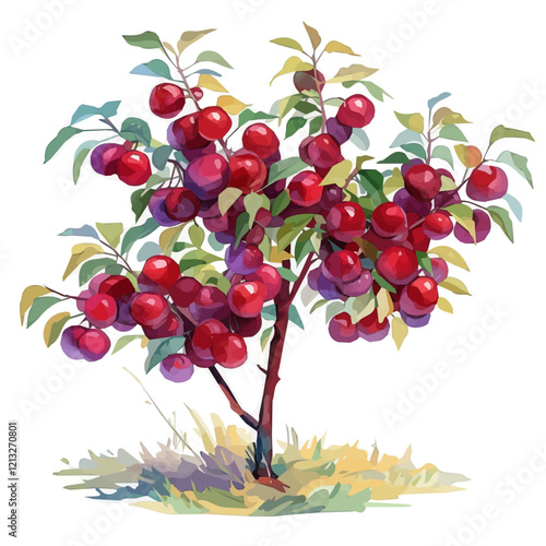 Plum Tree with Fruit | Soft Watercolor Flat Vector Illustration.  
