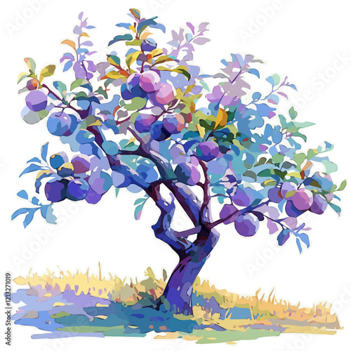 Plum Tree with Fruit | Soft Watercolor Flat Vector Illustration.  
