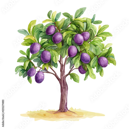 Plum Tree with Fruit | Soft Watercolor Flat Vector Illustration.  
