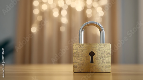 Golden padlock with advanced electronic circuits, digital password security design, ensuring fraud prevention and confidential data protection in a secure network photo