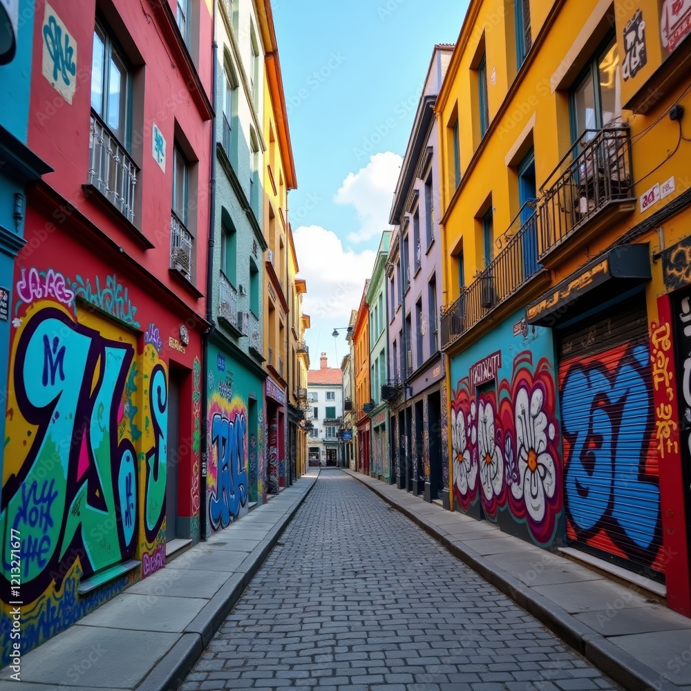 Fototapeta premium Vibrant street art adorns the buildings along this narrow, cobblestone alley