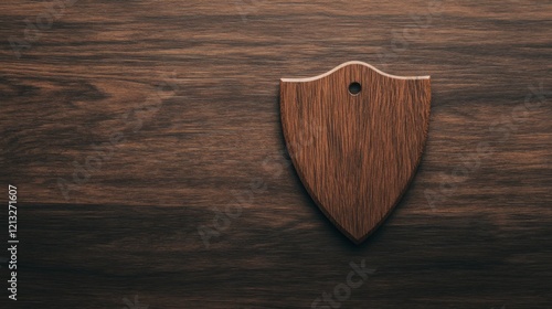 Blank wooden shield on dark brown wood background. photo