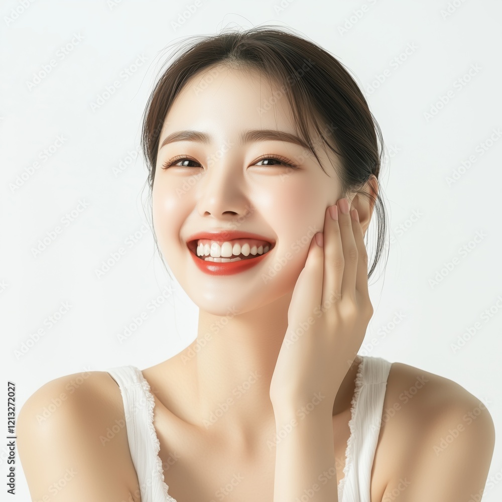 Young woman with satisfaction emotion skincare beauty concept Young woman with satisfaction emotion skincare beauty concept