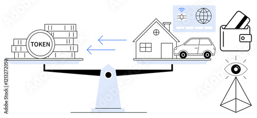 Tokens balanced against house, car, passport, wallet icons on scales. Eye and pyramid symbolize surveillance and security. Ideal for finance, blockchain, investment, digital currency technology