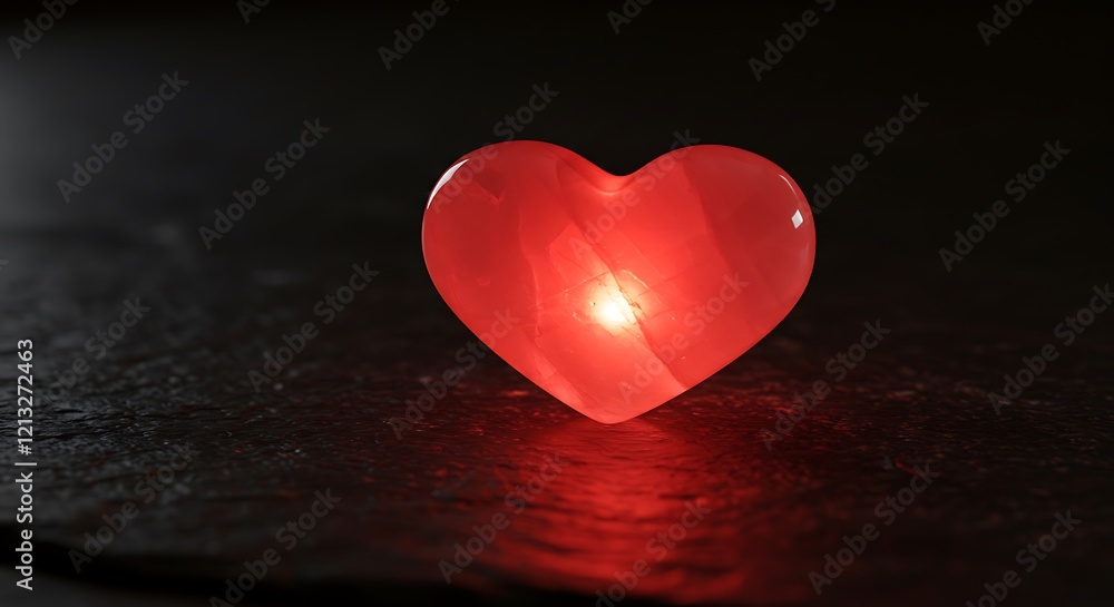 Fototapeta premium Glowing translucent red heart shape with internal light source, casting subtle reflections on a dark textured surface, concept for love, romance, and Valentine's Day celebrations