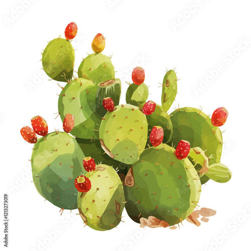 Prickly Pear Cactus with Fruit | Artistic Watercolor Flat Vector Design.  
