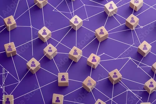 Wooden Cubes Connected with White Lines Forming a Network on Purple Background