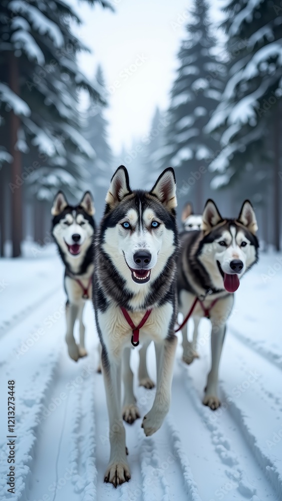 Three huskies pull a sled through the snow, their tongues lolling out of their mouths Three huskies pull a sled through the snow, their tongues lolling out of their mouths