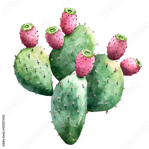 Prickly Pear Cactus with Fruit | Artistic Watercolor Flat Vector Design.  
