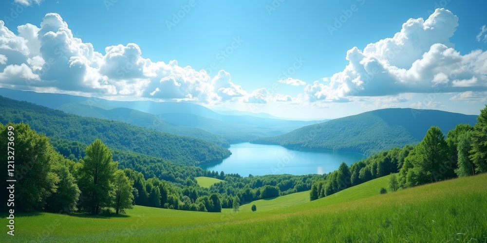 Fototapeta premium A serene landscape with rolling hills and a lake