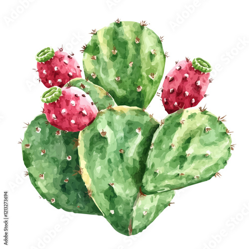 Prickly Pear Cactus with Fruit | Artistic Watercolor Flat Vector Design.  
