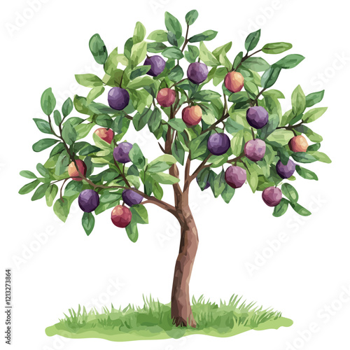 Prune Plum Tree with Fruit | Watercolor-Style Flat Vector Illustration.  
