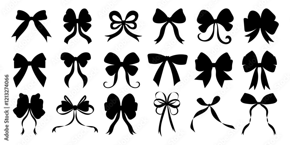 Fototapeta premium A collection of black bows with varying shapes and sizes. The bows are all drawn in black and white, giving them a classic and elegant appearance