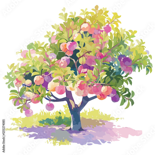 Prune Plum Tree with Fruit | Watercolor-Style Flat Vector Illustration.  
