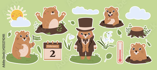 A stickers set of cute groundhogs with the calendar is on February 2 groundhogs day