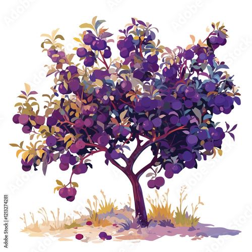 Prune Plum Tree with Fruit – Elegant Watercolor Botanical Illustration, Fruit-Laden Tree Painting, Nature-Inspired Artwork, Lush and Vibrant Plum Tree Design.  
