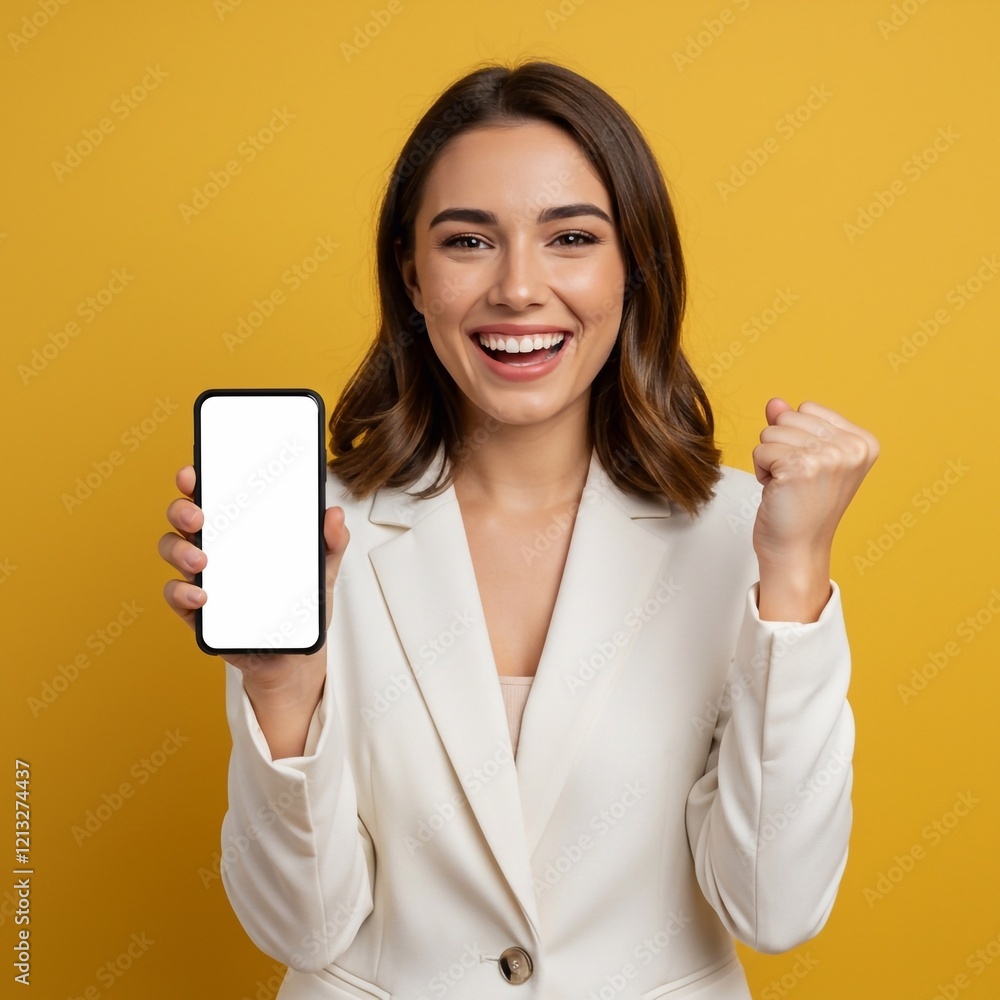Beautiful n woman holding smartphone mockup of blank screen and smiling on yellow background.
Beautiful n woman holding smartphone mockup of blank screen and smiling on yellow background.