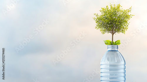 Earth Day 2025 concept, tree emerging from a water bottle, symbolizing the planets fight against plastic waste, ecofriendly solutions and sustainability photo