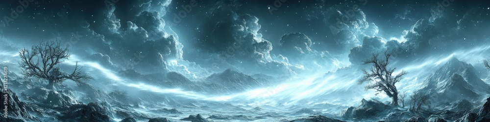 Obraz premium Breathtaking Dark Stormy Sky Over Desolate Landscape with Lightning Strikes, Dramatic Clouds, Bare Trees, and Atmospheric Turbulence in Moody Winter Scene