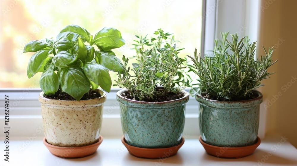 Three potted herbs on a windowsill: Basil, Thyme, and Rosemary, bathed in sunlight. Three potted herbs on a windowsill: Basil, Thyme, and Rosemary, bathed in sunlight.