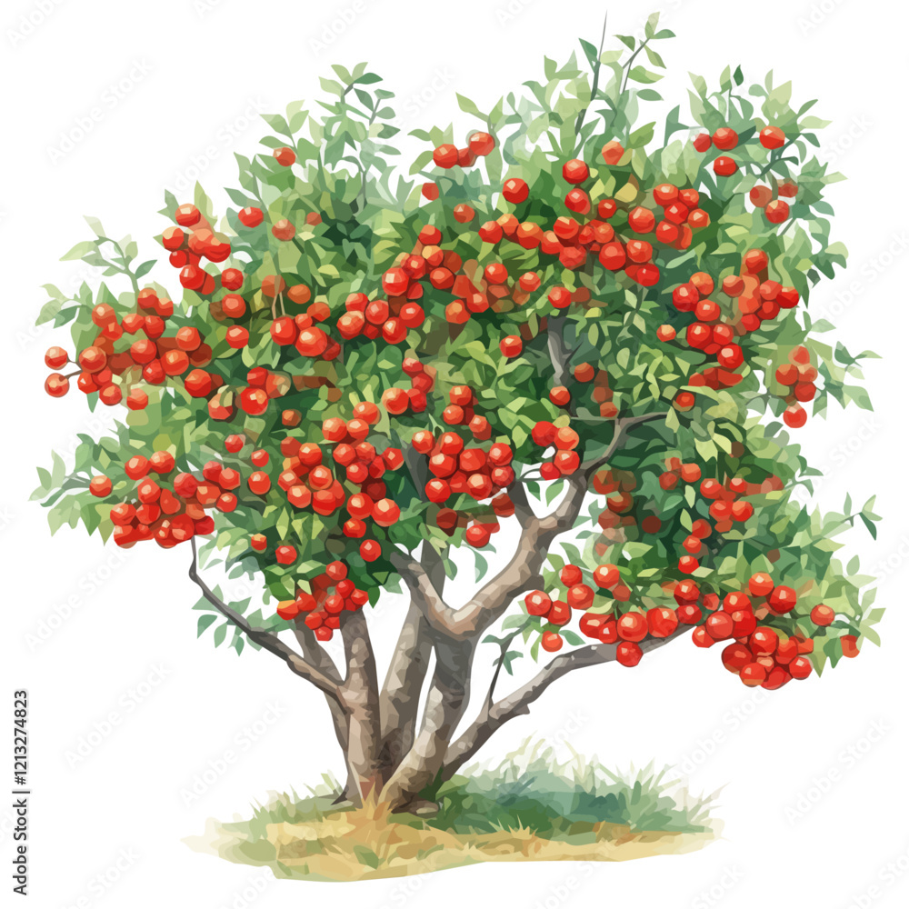 Fototapeta premium Pulasan Fruit Tree with Ripe Fruit – Hand-Painted Watercolor Depiction, Detailed Tropical Tree Illustration, Rich and Colorful Nature Artwork. 