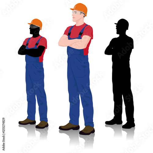 Construction Worker and Silhouette Variations in Safety Gear with Arms Crossed. Vector Flat Style Illustration Set Isolated On White
