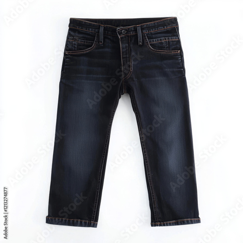 Dark wash denim jeans, cuffed, front view.