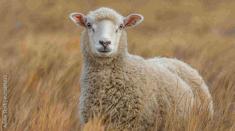 Obraz premium Fluffy sheep stares ahead in a field of tall grass.