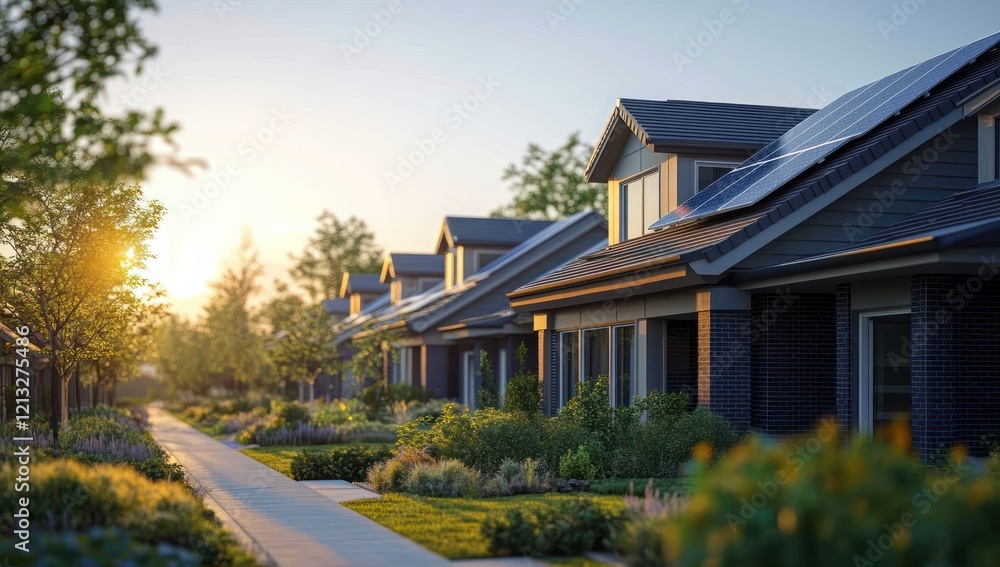 Modern Townhouse with Solar Panels in Suburban Neighborhood Under Bright Sunlight Modern Townhouse with Solar Panels in Suburban Neighborhood Under Bright Sunlight