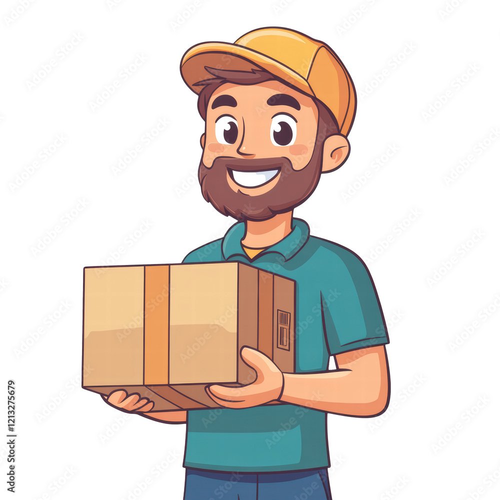Happy delivery man with parcel isolated on transparent background Happy delivery man with parcel isolated on transparent background