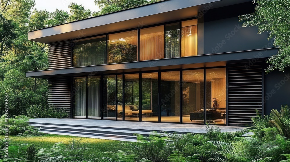Modern House with Large Glass Windows Surrounded by Lush Greenery and Outside Roller Blinds Modern House with Large Glass Windows Surrounded by Lush Greenery and Outside Roller Blinds