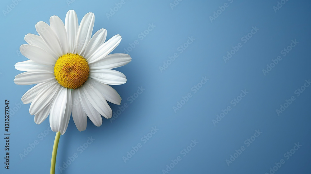 White flower with a yellow center is on a blue background White flower with a yellow center is on a blue background