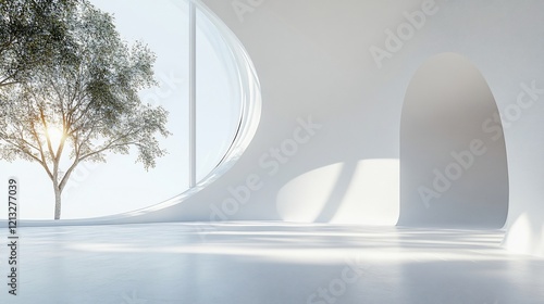 Modern white room, sunrise view, tree, arched doorway, interior design