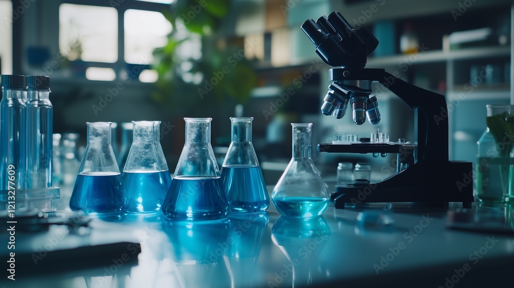 Scientific Lab with Blue Liquid in Beakers Scientific Lab with Blue Liquid in Beakers