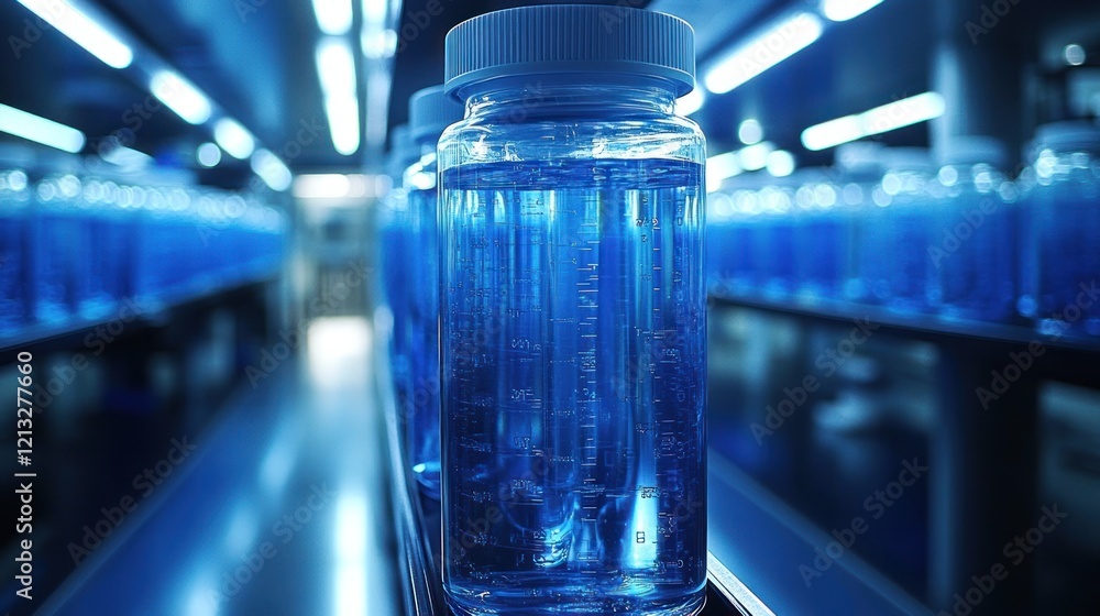 Blue liquid in bottles on conveyor belt in lab. Blue liquid in bottles on conveyor belt in lab.