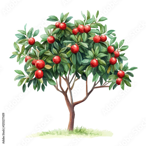 Quandong Tree with Fruit – Lush Watercolor Botanical Illustration, Exotic Fruit Tree Artwork, Nature-Inspired Painting, Vibrant Australian Native Plant Depiction.  

