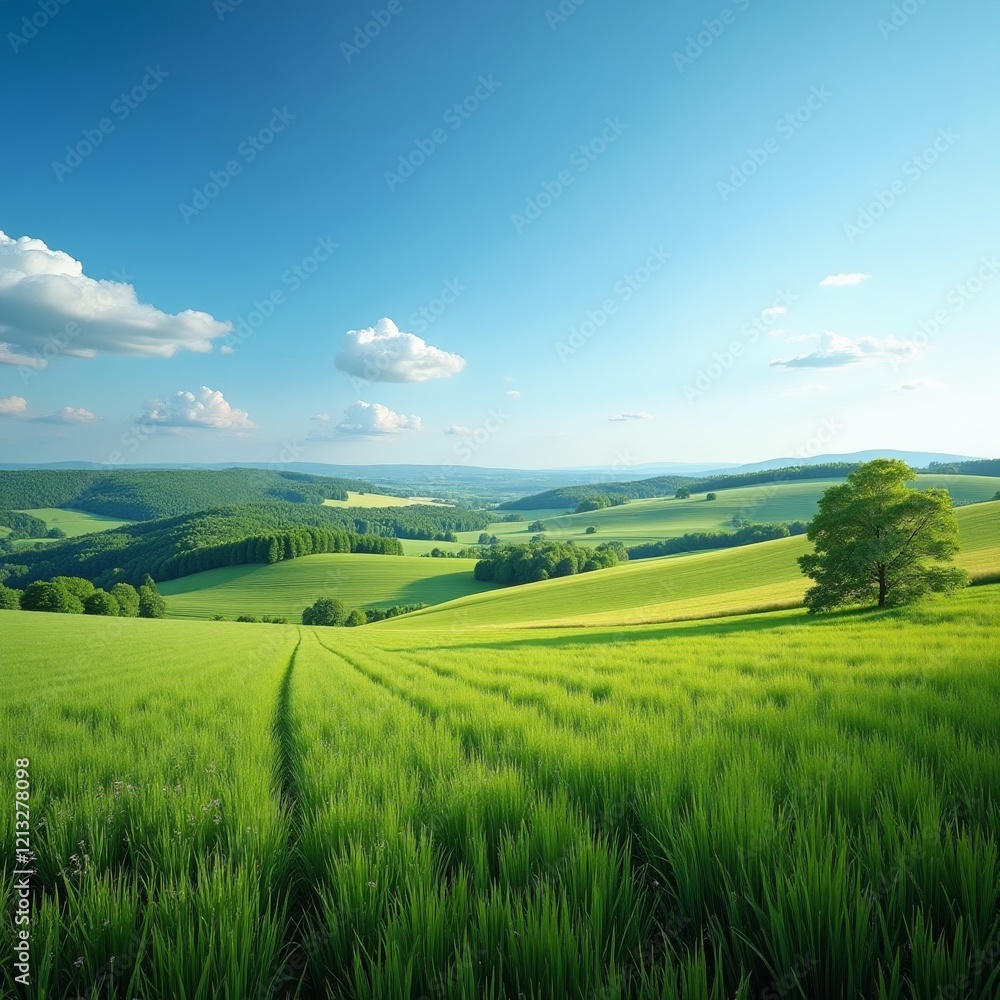 Obraz premium A serene landscape of rolling hills and green fields under a clear blue sky