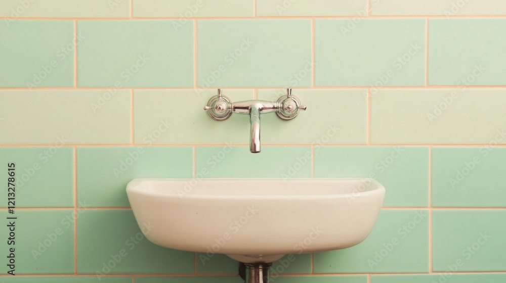Simple white sink and chrome faucet against pastel green tile wall.