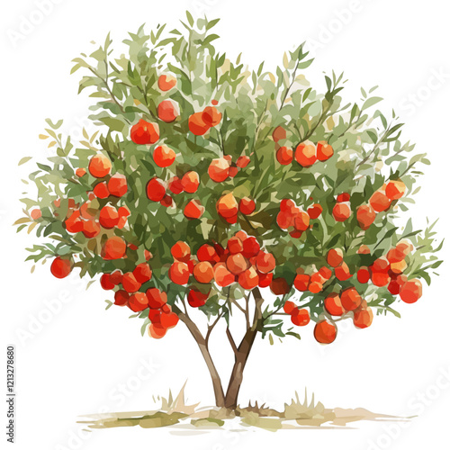 Quandong Tree with Fruit – Lush Watercolor Botanical Illustration, Exotic Fruit Tree Artwork, Nature-Inspired Painting, Vibrant Australian Native Plant Depiction.  
