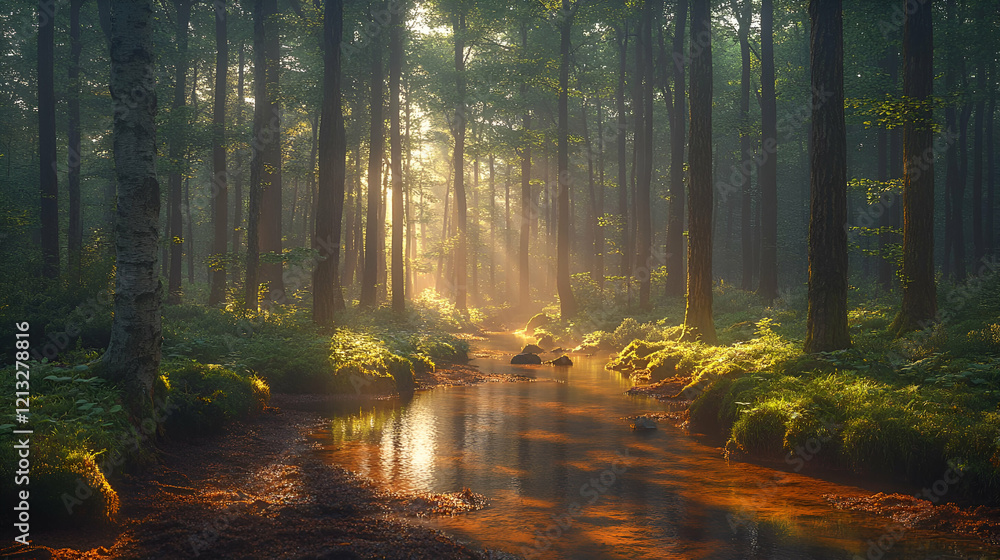 Sunlit Forest Path: A Serene and Tranquil Morning Scene Sunlit Forest Path: A Serene and Tranquil Morning Scene