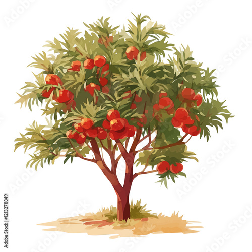 Quandong Tree with Fruit – Lush Watercolor Botanical Illustration, Exotic Fruit Tree Artwork, Nature-Inspired Painting, Vibrant Australian Native Plant Depiction.  
