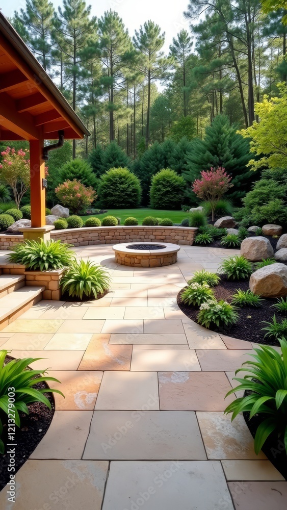 Serene outdoor space with stone patio, fire pit, and lush greenery