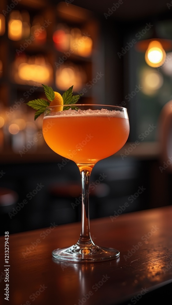 A refreshing cocktail, garnished with a lemon twist and fresh mint leaves, served in a classic coupe glass A refreshing cocktail, garnished with a lemon twist and fresh mint leaves, served in a classic coupe glass