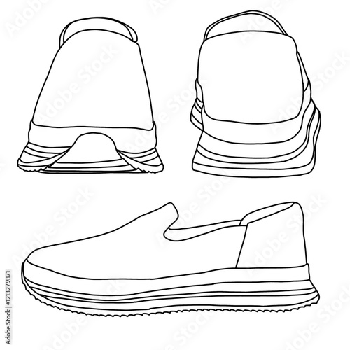 Women's Espadrille Slip-On line art, Technical sketch hand drawing outline vector doodle various view isolated on white background for coloring page