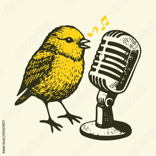 singing canary bird with a vintage microphone sketch