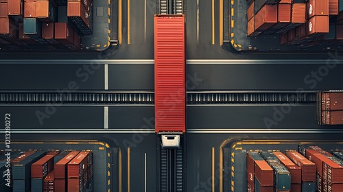 Red container train crossing roads, cargo depot, aerial photo