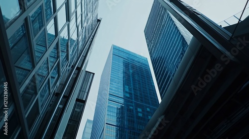 Wallpaper Mural Low-angle city skyscrapers, modern architecture, urban scene, business district, background pedestrian bridge, for finance Torontodigital.ca