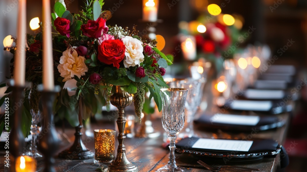 Romantic Wedding Table Setting with Red and White Flowers